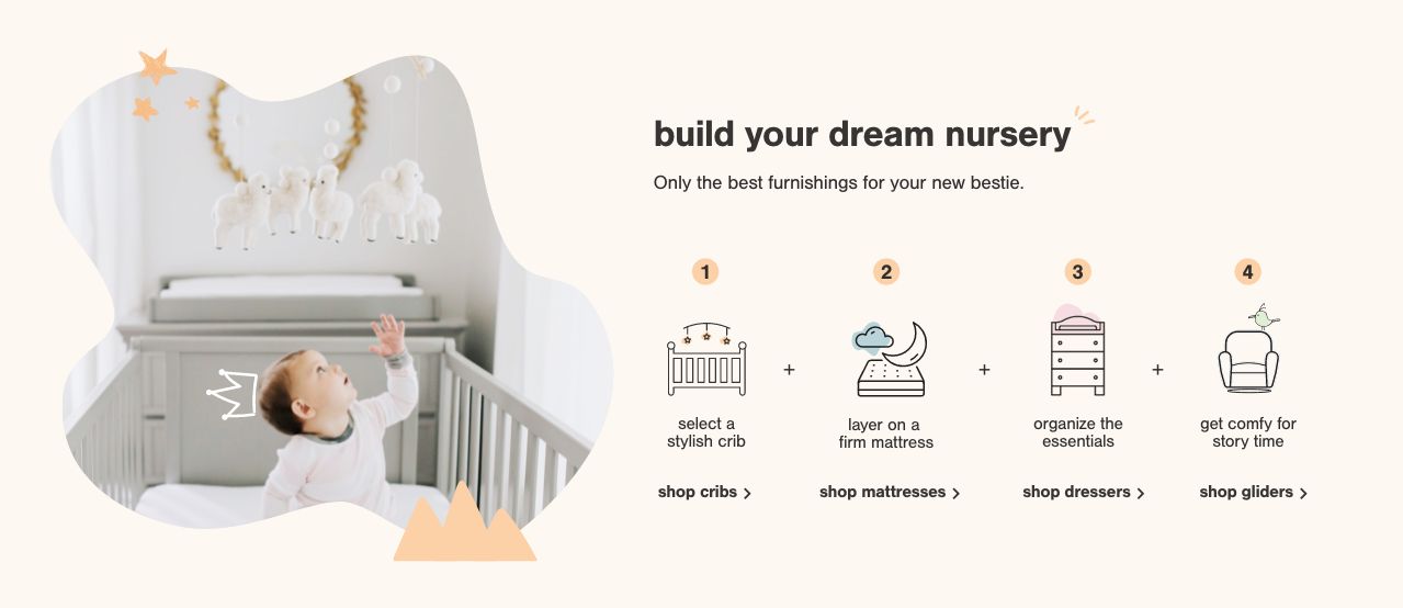  Start with the crib, Add a mattress, Dressers/changing tables, Cozy chairs and gliders 