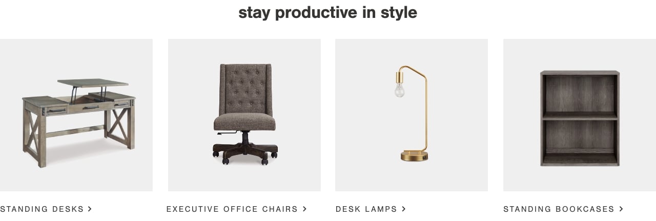 Standing Bookcases, Executive Office Chairs, Standing Desks, Desk Lamps