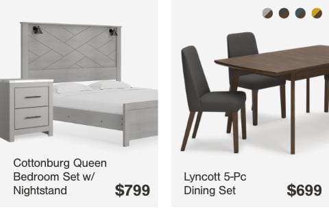 Cottonburg Queen Bedroom Set with Nightstand $799, Lyncott 5-Pc Dining Set $699