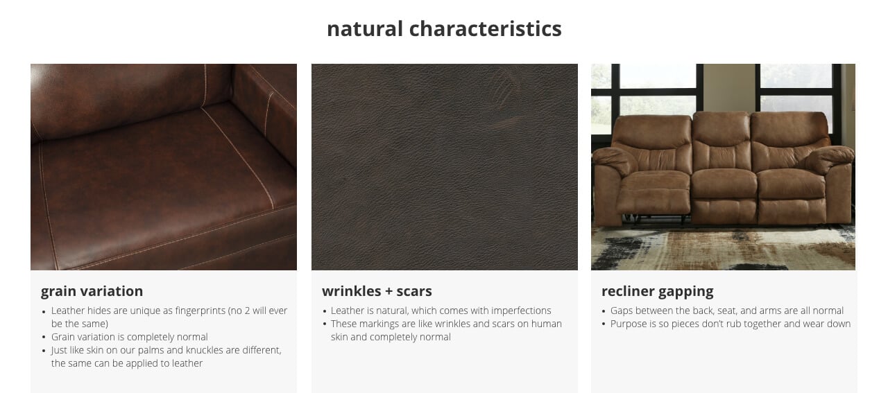 Grain Variation, Wrinkles + Scars, Recliner Gapping