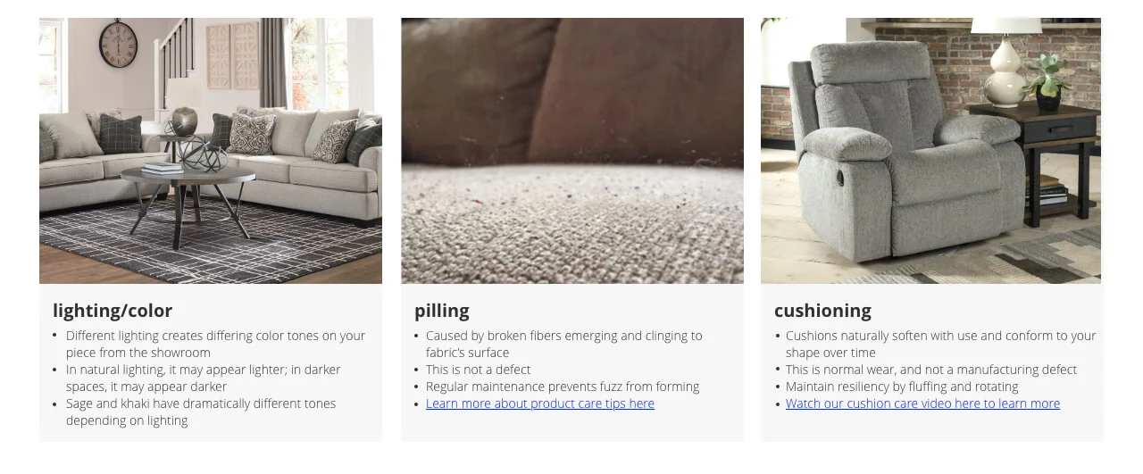 Lighting/Color, Pilling, Cushioning