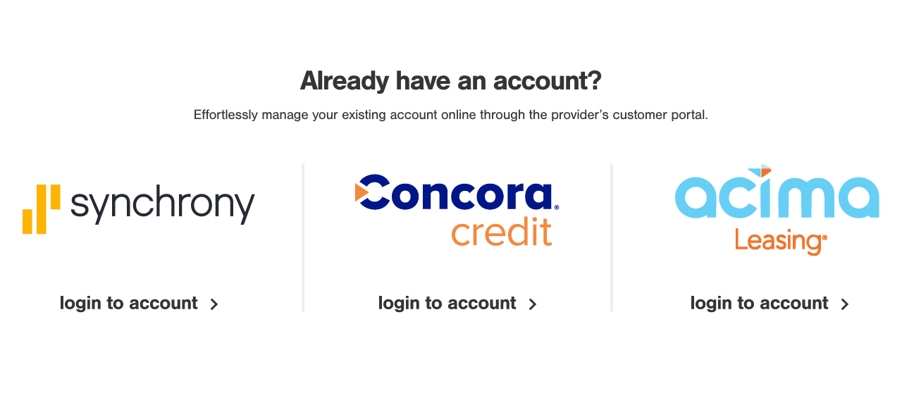 Synchrony, Concora Credit, Acima Leasing.