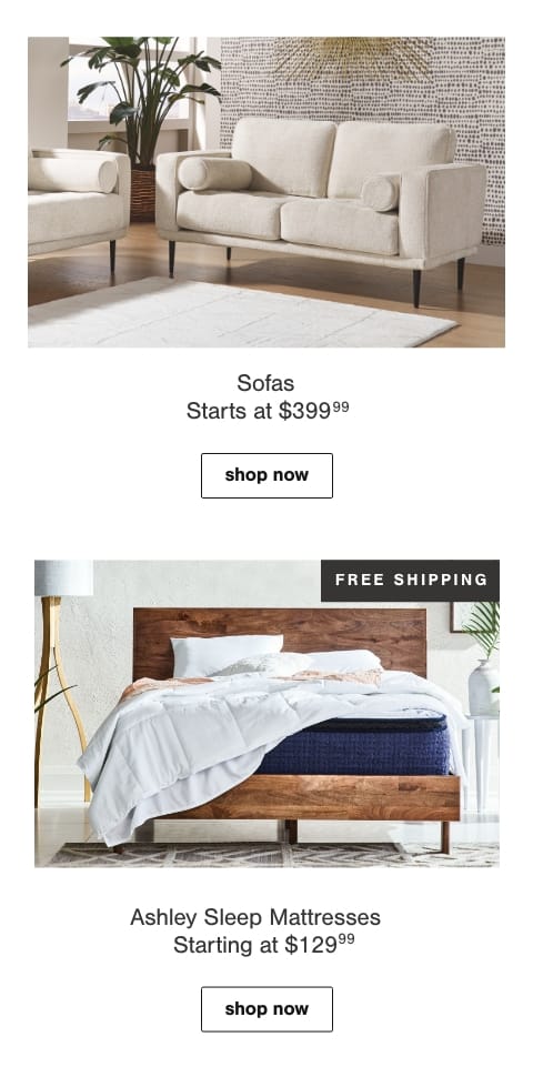 Sofas Starting At $399.99, Ashley Sleep Starting At $129.99 + Free Shipping