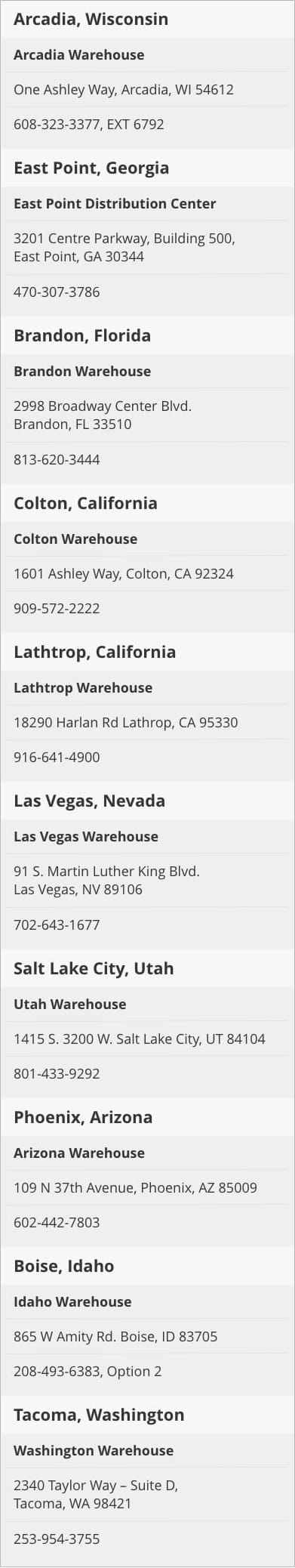 Warehouse Pickup Locations