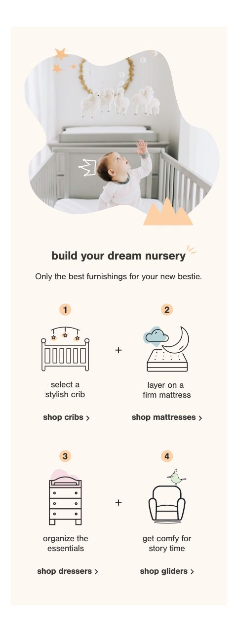  Start with the crib, Add a mattress, Dressers/changing tables, Cozy chairs and gliders 