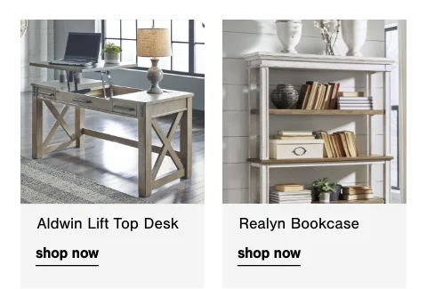 Aldwin Lift Top Desk, Realyn Bookcase